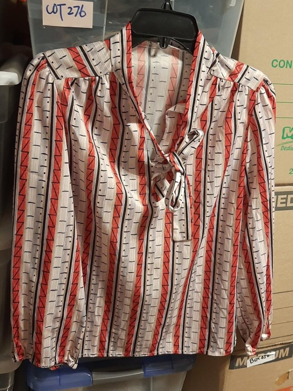 Vintage Long Sleeve White & Red Striped Blouse With Tie Neck Size M